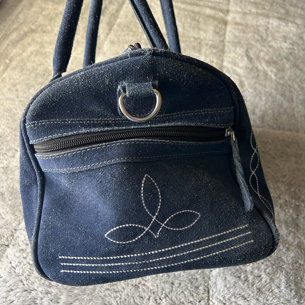Suede Navy Blue Handbag with Boot stitch detailing - Picture 3 of 12